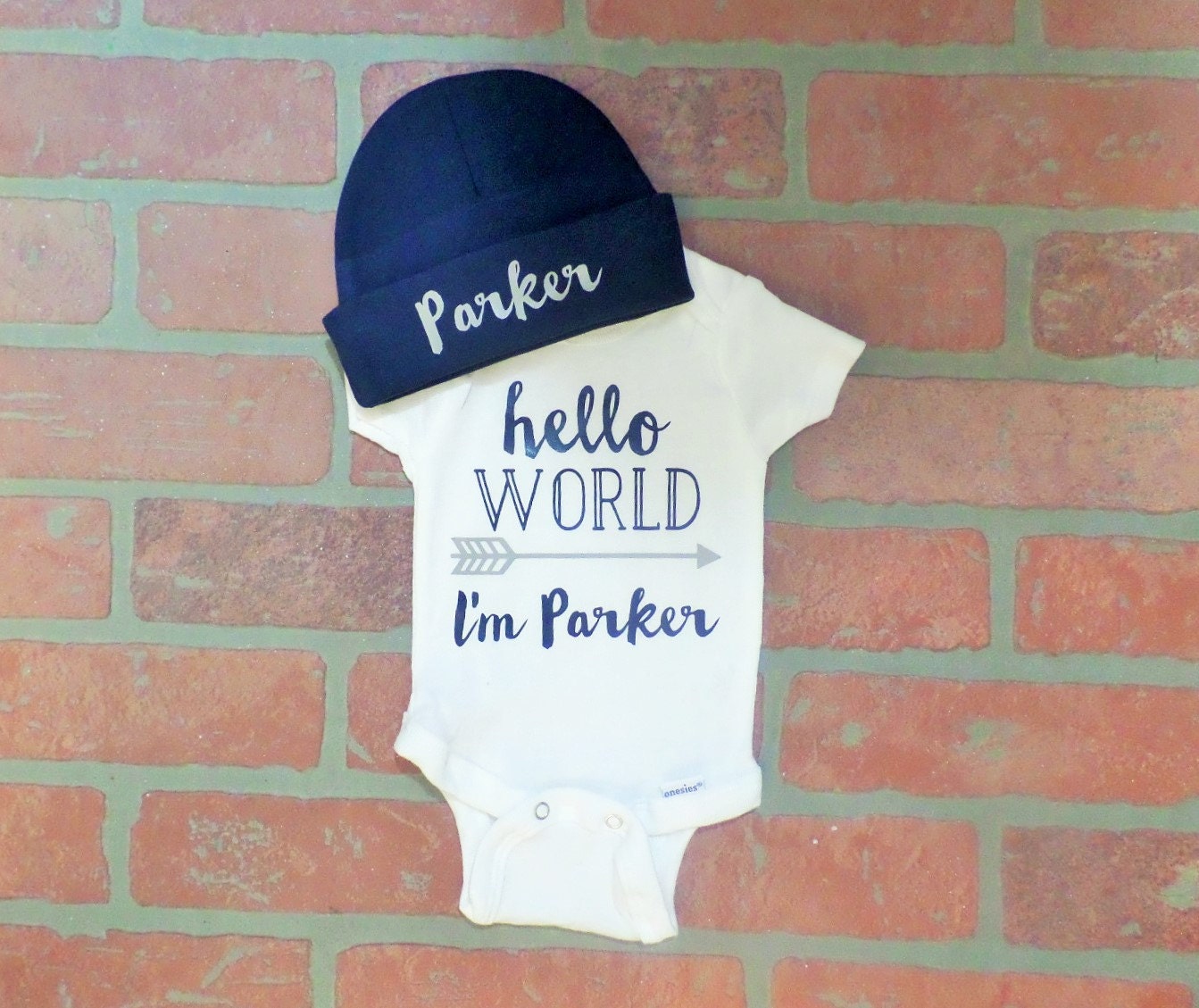 Personalized Boy's Hello World Onesie With Navy Beanie Hat