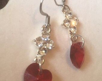 Valentine's Day swarovski crystal red heart earrings, red heart earrings, crystal heart earrings, valentine's day earrings, red heart charms