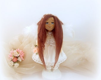 Textile, art, interior,fabric handmade doll "Angelina", small doll, angel, 7,3 inches, white, pink, doll on pedestal, doll as gift, for girl