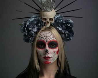 Virgin Mary Halo Day of the Dead Headdress Lady Guadalupe Dark Blue Flower Crown Skull Dia de los Muertos Headpiece Gothic Glitter Headwear