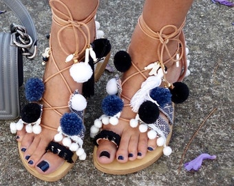 POM POM sandals,leather sandals,gladiator sandals.womens shoes,boho sandals,handmade sandals,womens sandals,gifts,greek sandals,shoes