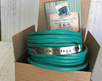 Teal Leather Wrap Bracelet, Shredded, 'I am enough' soft leather, double wrap, adjustable