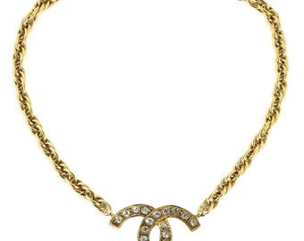 Chanel Vintage Signed Gold Chain Classic CC Logo Necklace with Crystals- c. 1970