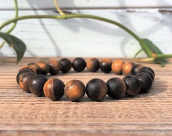 Matte Tigers Eye Bracelet, Tigers Eye Beaded Bracelet, Gemstone Bracelet, Mens Bracelet, Womens Bead Bracelet, Root Charka, Crystal Healing