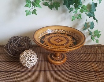 Vintage Wooden Pedestal Tray | Southwest Style Hand Painted Key & Coin Tray