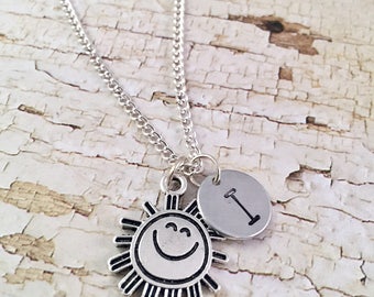 You are my Sunshine necklace, personalized initial charm necklace, Sunshine charm necklace, little girl jewelry, Sun charm, Smiling Sun