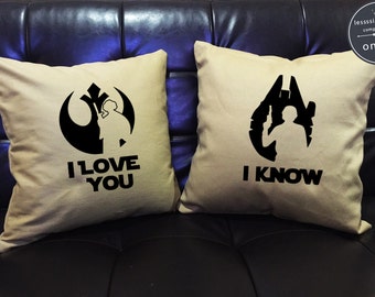 SALE !! I love you I know Pillow set, Star Wars Pillow Set,love pillow, Luke and Leia, Star Wars Wedding, Star Wars Gift, Star Wars Decor