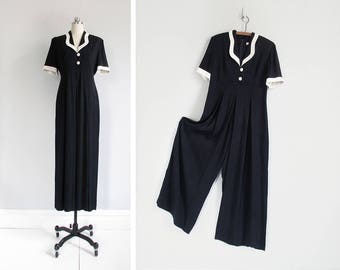 vintage wide leg jumpsuit / short sleeve jumpsuit with empire waist / 90s black & white jumpsuit / womens S - M