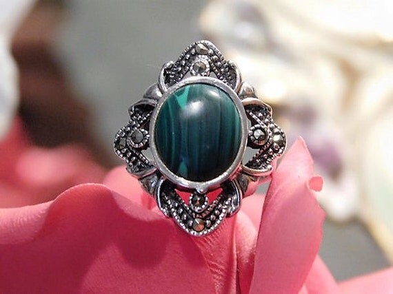 Malachite Sterling Silver Marcasite Ring Art Deco Revival Green Gemstone Cocktail Ring Size 6 Six Ring Statement BOHO Ring Jewelry Vintage