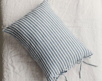 Striped linen pillow cases with ties. Stone washed linen pillow cover. Queen pillow cases, King pillow cases, standard sizes. White taupe.