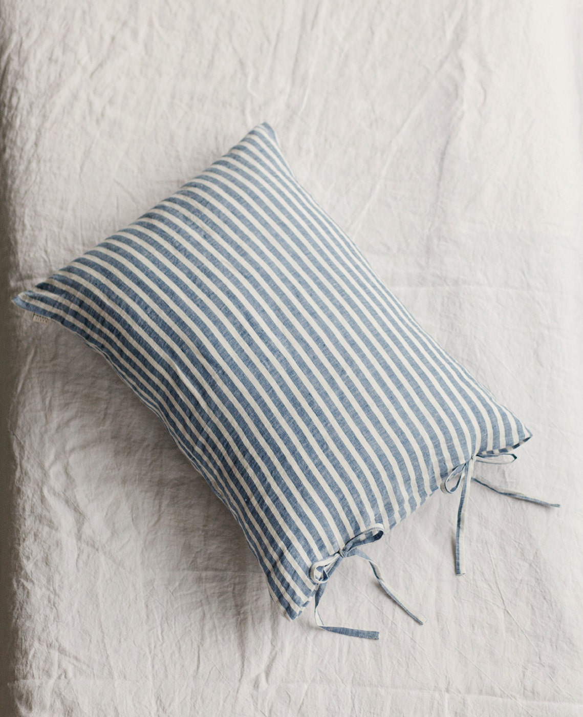 Striped linen pillow cases with ties. Stone washed linen