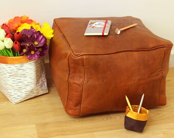 Brown Leather Moroccan Pouf, Ottoman, Handmade Leather Pouf