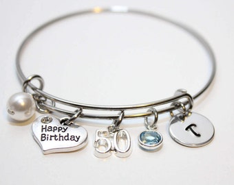 50th birthday bangle, 50th birthday bracelet, 50th birthday jewelry, 50th birthday gift, initial 50th birthday bangle, initial 50th birthday