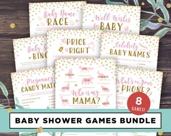 Pink and Gold Baby Shower Games Printable Package, Girl Baby Shower Games Bundle, Blush, Activities, Glitter, Digital, Instant Download, PDF