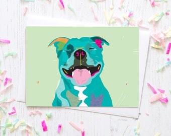 Staffordshire Bull Terrier greeting card / Happy Staffy dog breed blue teal green happy polkadot birthday special bull terrier pink love