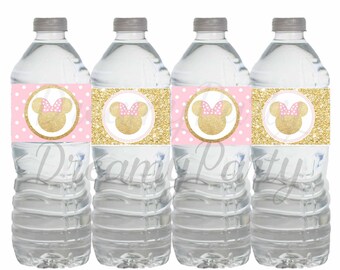 Minnie Mouse Water bottle labels, Minnie Mouse pink and gold water labels, Minnie Mouse pink and gold water bottle labels, Digital File.