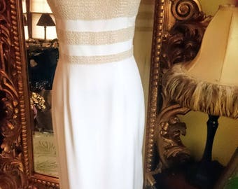 Vintage Oleg Cassini Black Tie White Silk Beaded Gown