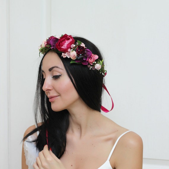 Hot pink floral crown Boho crown Flower halo Bridal floral