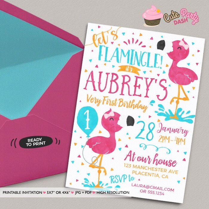Flamingo Birthday Party Printable invitations Pool Party DIY