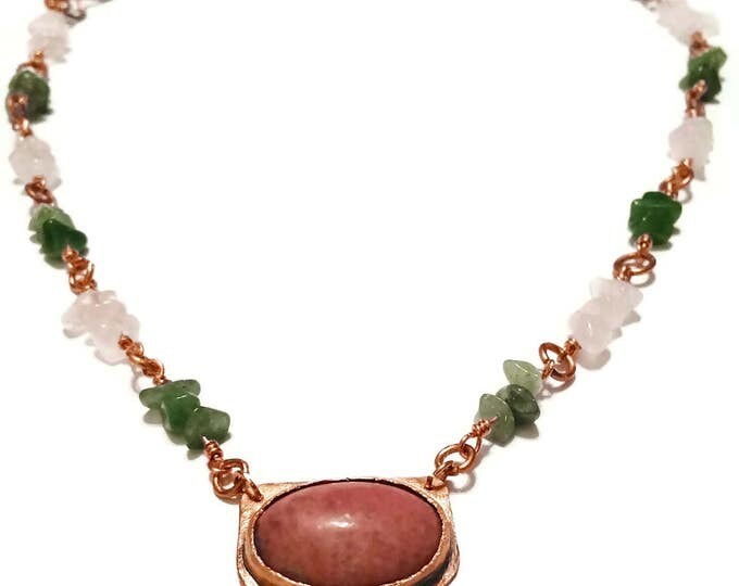 Pink Rhodonite Pendant, Heart Chakra Necklace, Rose Quartz, Green Aventurine Necklace, Unique Birthday Gift