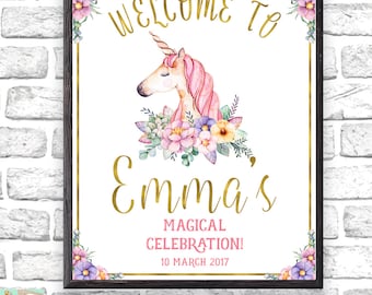 Unicorn Birthday Welcome Sign Printable Customized Text