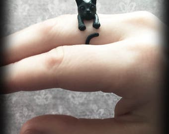 Black Cat Ring, Cat Wrap Ring, Gothic Jewelry, Witch Pagan Wiccan Jewelry, Alternative Jewellery, Lucky Black Cat Ring, Witch's Cat Ring