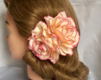 Cream rose hair clip - the "Rosalita" - Double rose pin up hair flower, hair clip, vintage style, 40s, 50s - PINK BLUSH