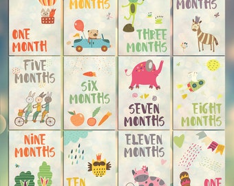 Baby milestone cards "Colorful drawings" / 1-12 months birthday photo props