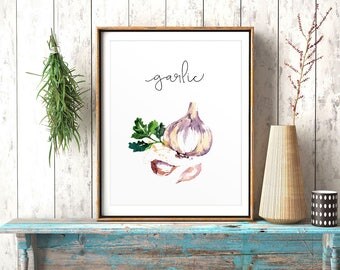 Kitchen Decor, Garlic, Cook Printable, Food Painting, Kitchen Wall Art, Restaurant Decor, Watercolor Print, Vegetables Printable, Veggies