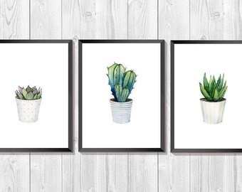 Cacti set. Succulent watercolor. Set of 3 prints. Plant Print. South Western art. Kitchen Decor. Botanical Set. Scandinavian Wall Art