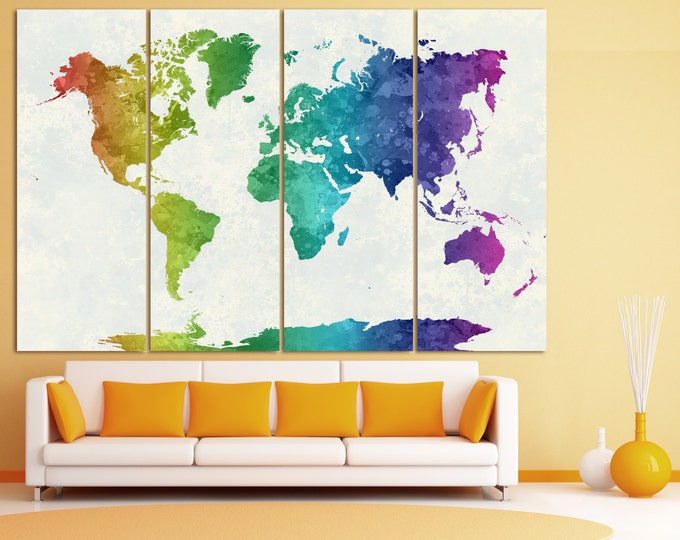 Large Watercolor Rainbow Map Wall Art Print, colorful map poster / 1,2,3,4 or 5 Panels on Canvas Wall Art for Home & Office Decoration