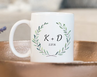 Wedding Mug, Custom Mug, Wedding Initials, Green Wreath Mug, Wedding Party Mug, Wedding Gift, Custom Gift, Personalized Mug