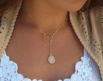 White Druzy Lariat Necklace * Gold * Gemstone * Raw *Jewelry * Natural * Blue Druzy *Statement *Layering *Bycila*Boho*Bridesmaid Gift BJN006