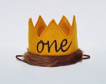 Wild One First 1st Birthday Baby Boy Felt Party Crown for Cake Smash Max Crown Photo Prop Wild Things Theme Party In Mustard Yellow and Fur