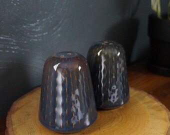 vintage boho salt and pepper shaker set - modern bohemian - boho kitchen - stoneware salt pepper set - dark blue orange - abstract boho set