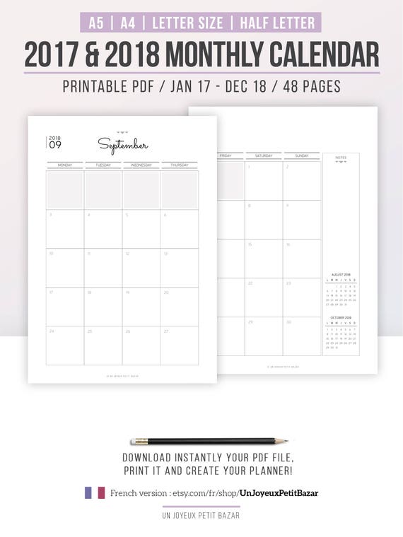 2017 2018 MONTHLY CALENDAR PRINTABLE Instant Download