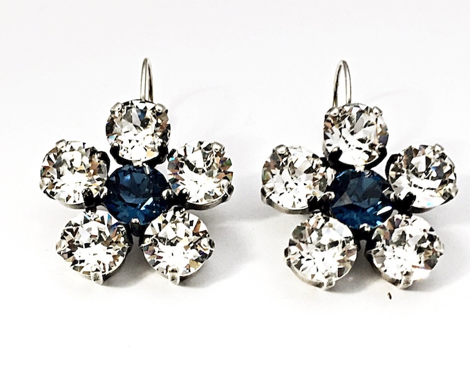 Sapphire Flower Swarovski® crystal floral design drop dangle lever back earring clear crystal and blue sapphire center. Gift for her!