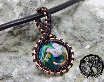 Wire wrapped pendant Copper pendant Steampunk pendant Wire weave Wire wrap pendant Glass pendant Magic pendant Flower bead Best gift For her