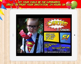 superhero invitation, superhero birthday invitation, superman invitation, avengers