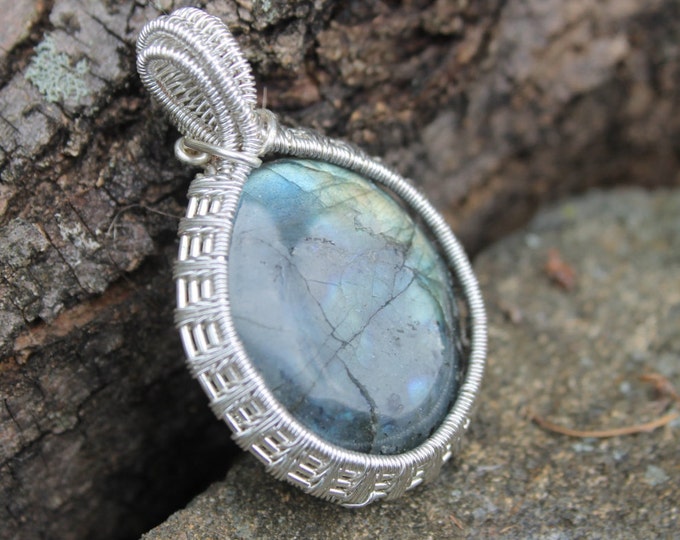 Labradorite w/ Fern Leaf Wire Wrap; Blue Iridescent Wire Weave Stone Jewelry w/ Flashy Yellow Gold, Colorful Large Pendant w/ Double Bail,