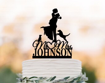 Custom Wedding Cake topper with two dog, bride and groom silhouette, personalized wedding cake topper letters, unique dog cake topper