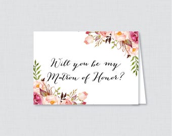 Printable Will You Be Matron of Honor Cards - Pink Will You Be My Matron of Honor Card, Matron of Honor Proposal - Rustic Pink Flowers 0004