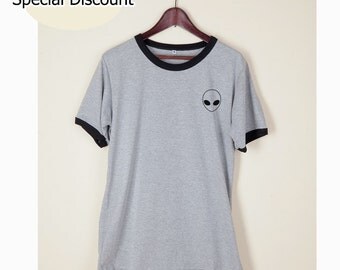 Alien Shirt Tshirt Tumblr Head Funny Wording Quote Light Gray and White on Chest
