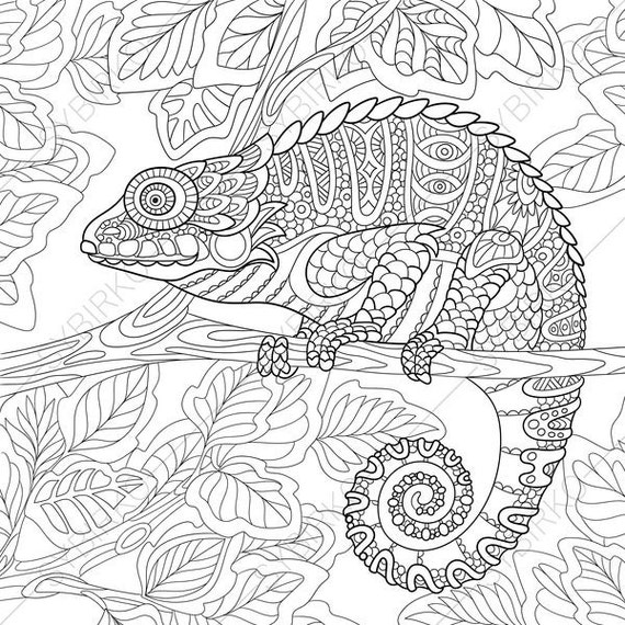 Adult Coloring Pages. Chameleon. Zentangle Doodle Coloring