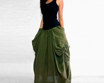 Lagenlook Maxi Skirt Big Pockets Long Skirt - in Olive Army Green Cotton Long Skirt SK001
