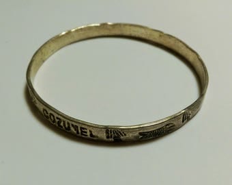 Vintage Cozumel Mexico Fish And Trees Silver Bangle 2-3/4" x 1/4" 1990's