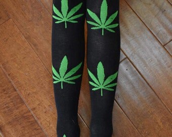 Pot Leaf Knee Socks! Ladies Over the Knee Thigh High Socks w/ Weed Leaf Bud MJ Green Indica Sativa Stockings. Legalize Marijuana Clothing