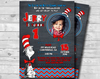 Chalkboard Dr Seuss Birthday Invitation-Dr Seuss Cat in the Hat Party-Dr Suess Boy 1st Birthday Invitation-Digital Printable invitation
