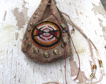 Relic leather pouch, side pouch, tobacco pouch, rustic, distressed, earthy, OOAK