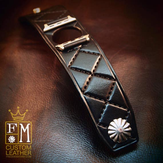 Apple watch Leather Cuff Watchband black Harlequin diamonds quilted Bracelet made for YOU in NYC by Freddie Matara